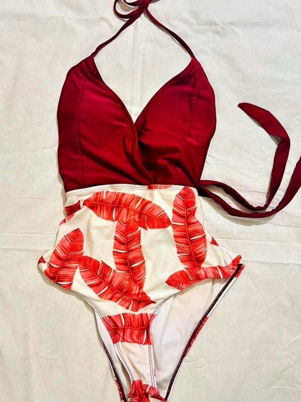SHEIN White and Red Tropical-Print Halter One-Piece